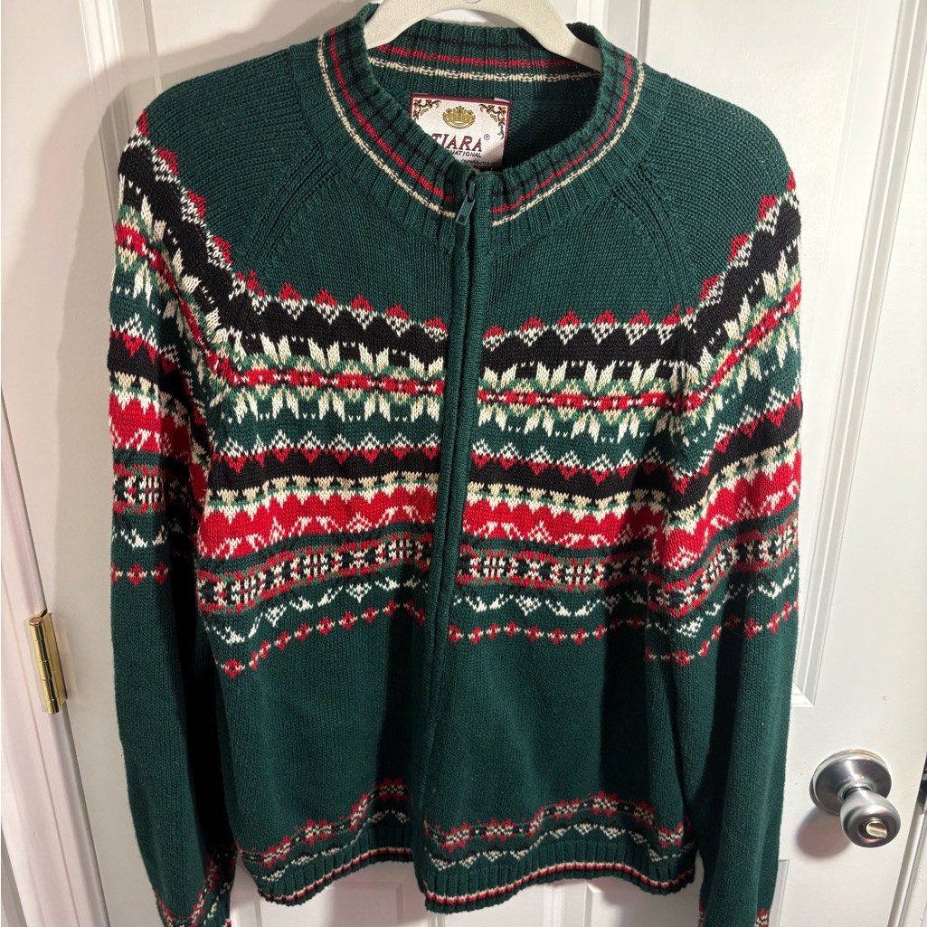 Tiara International Green And Red Fair Isle Nordic Patterned Sweater Xl